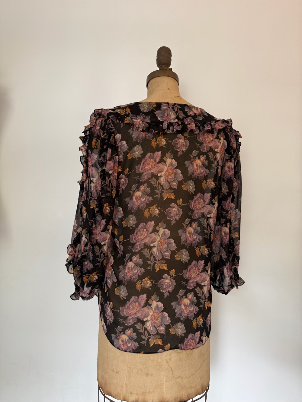 Ralph Lauren Black Sheer Floral Ruffle Blouse